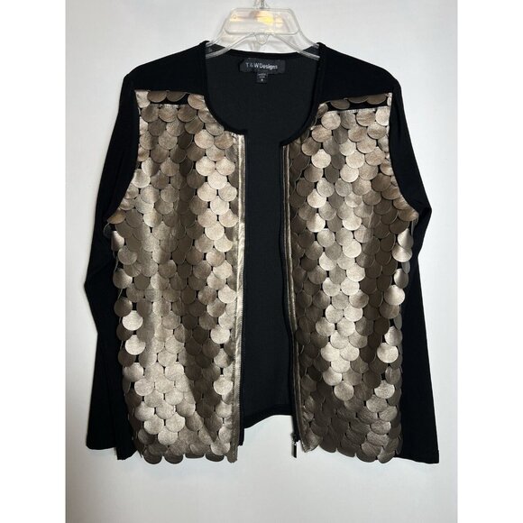 T & W Designs Zip Up Dressy Jacket black & Faux Leather Women’s Sz Large - Picture 4 of 12